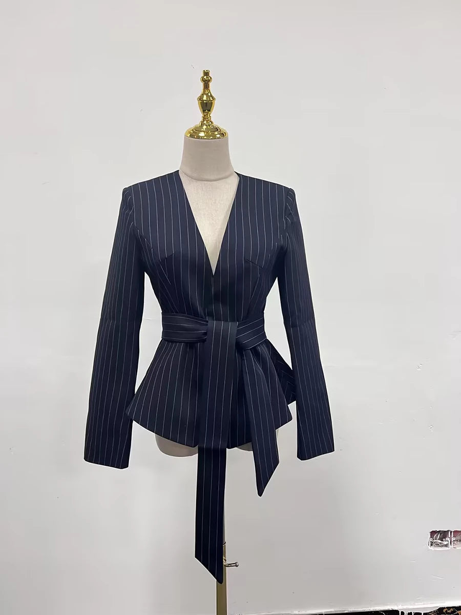 TWOTWINSTYLE Slimming Temperament Blazers for Women Lapel Long Sleeve Patchwork Striped Tunic Fashion Coats Female Clothing New