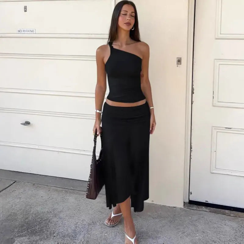 The Solène Pleated Off-Shoulder Skirt Set from the Everyday Luxe at Lavishly Me