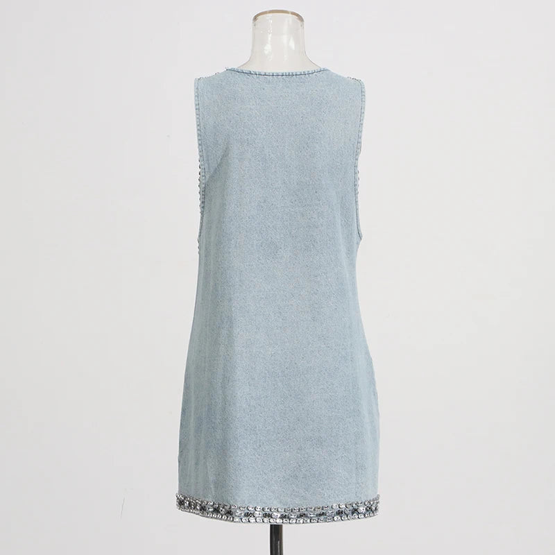 TWOTWINSTYLE Solid Loose Fashion Dresses for Women V Neck Sleeveless Patchwork Diamonds Temperament Dress Female Clothing New
