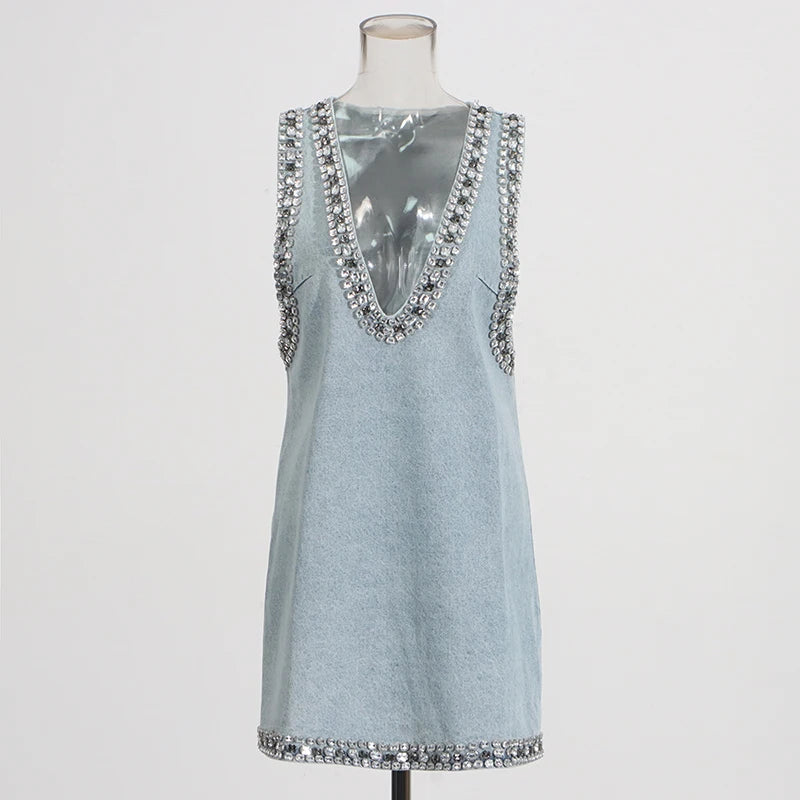 TWOTWINSTYLE Solid Loose Fashion Dresses for Women V Neck Sleeveless Patchwork Diamonds Temperament Dress Female Clothing New