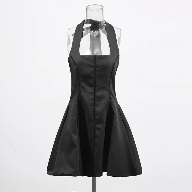 TWOTWINSTYLE Solid Slimming Fashion Mini Dresses for Women Halter Neck Sleeveless Patchwork Bow Tunic Elegant Dress Female New