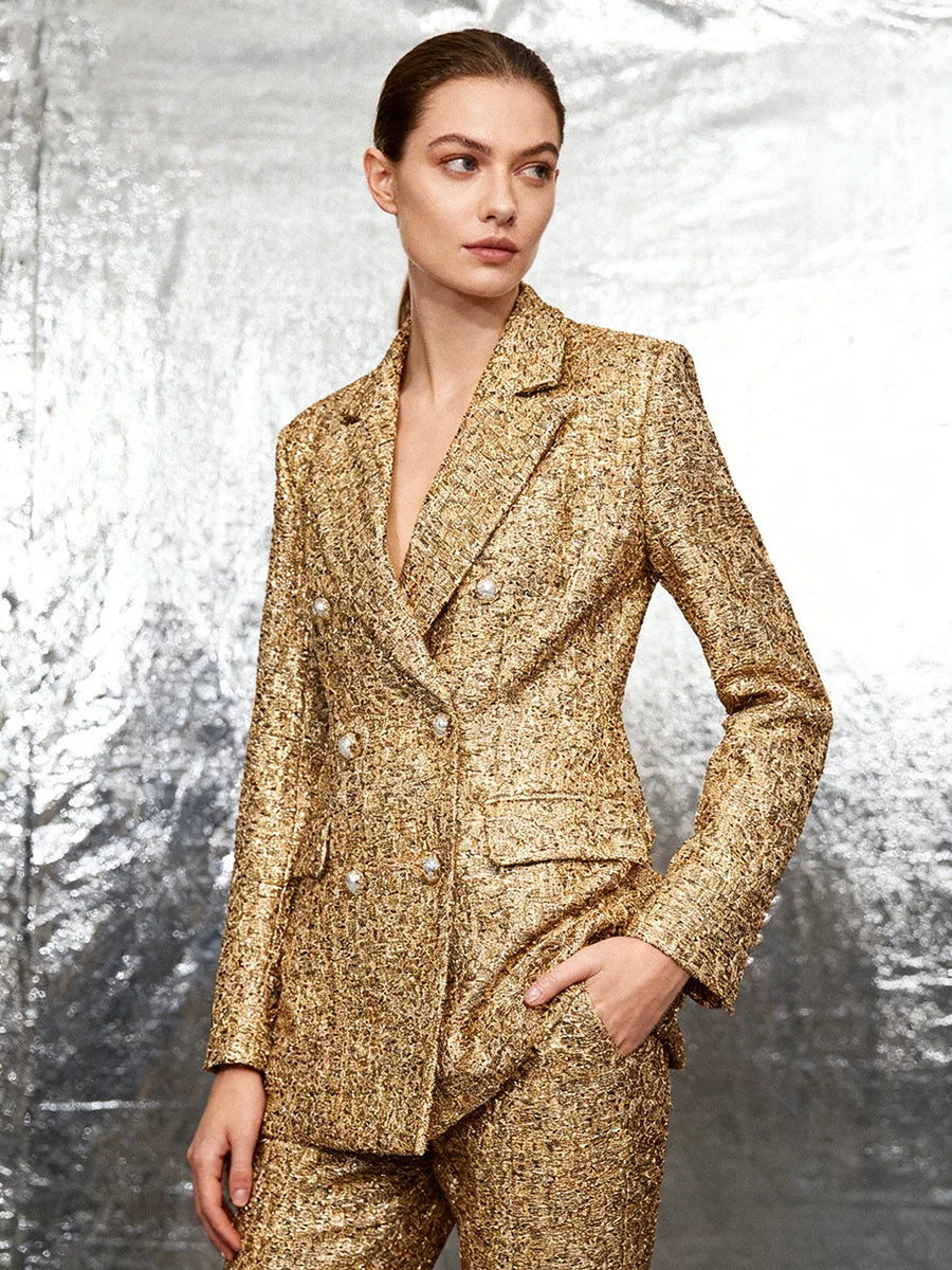 TWOTWINSTYLE Gold Slimming Spliced Double Breasted Fashion Blazers for Women Lapel Long Sleeves Tunic Temperament Blazer Female
