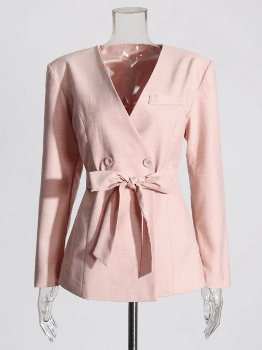 TWOTWINSTYLE Elegant Office Commute Bow Accent Pink Blazer for Women V Neck Double Breasted Design for Business Social Events