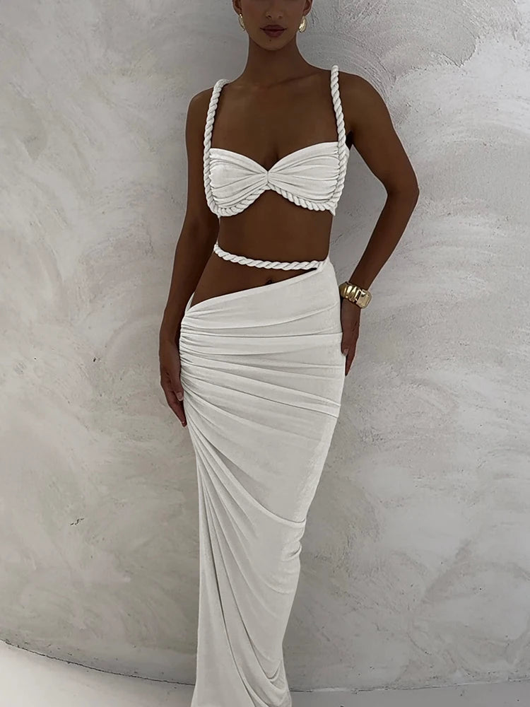 Cutenew Woven Matching Women 2 Piece Sexy Vacation Outfits Pleated Crop Camis+Shirring High Waist Maxi Skirts Solid Mujer Sets