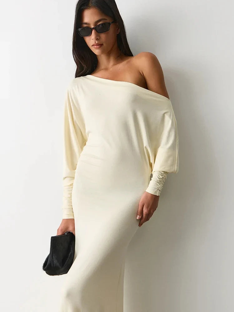 The Celestia Off-Shoulder Ruched Maxi Dress from the Lavishly Me Edit at Lavishly Me
