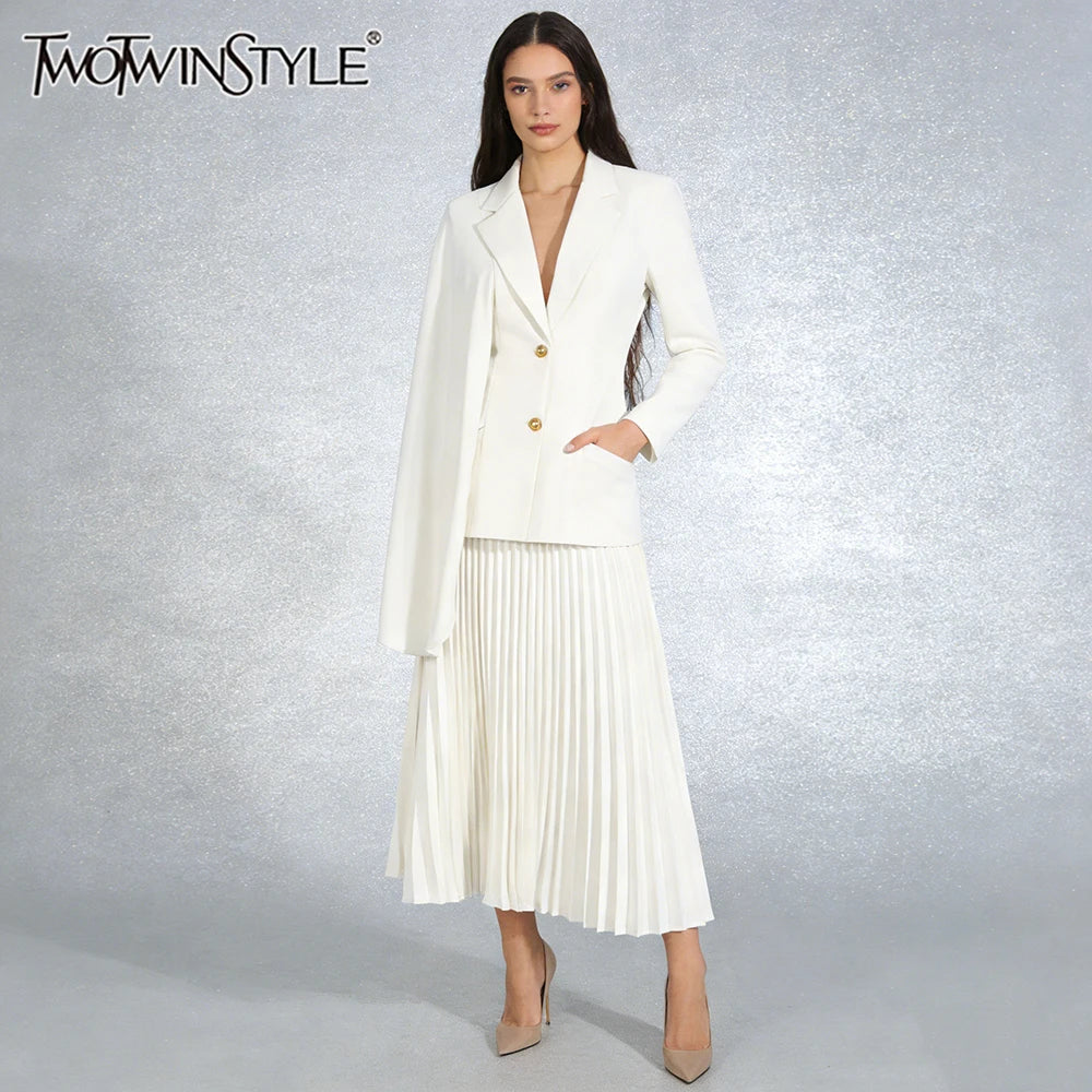 TWOTWINSTYLE White Two Piece Set for Women Lapel Long Sleeve Blazer with Cape High Waist Pleated Skirt Sets for Office Commuting