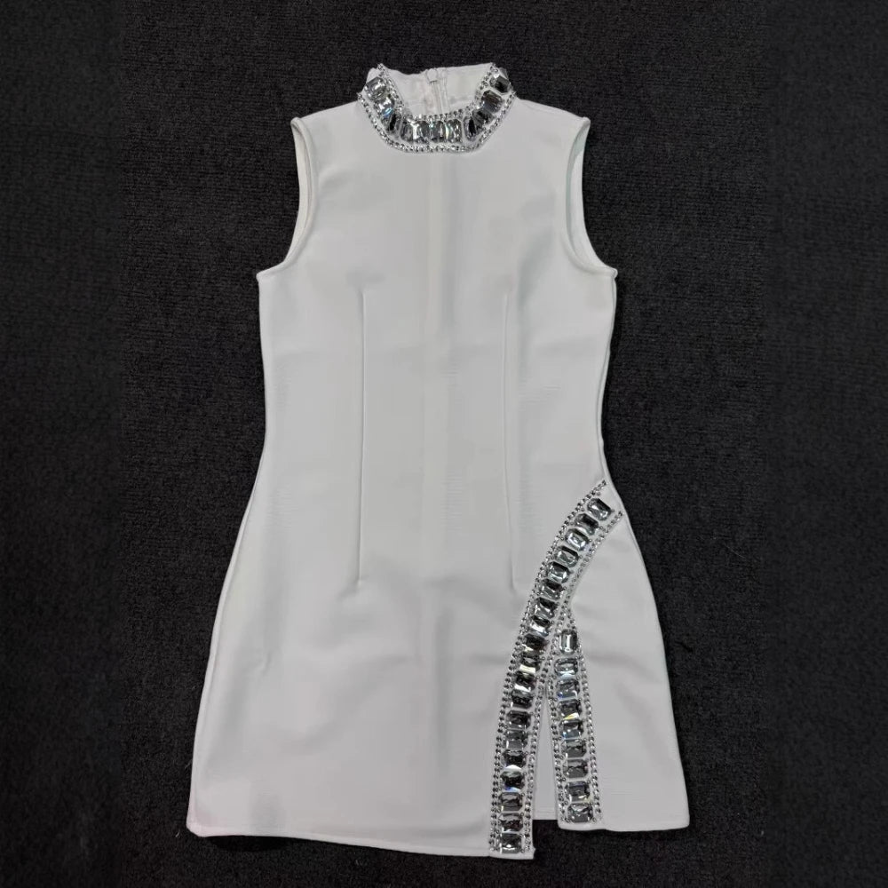 TWOTWINSTYLE Solid Slimming Temperament Dresses for Women Round Neck Sleeveless Patchwork Diamonds Dress Female Fashion Clothes