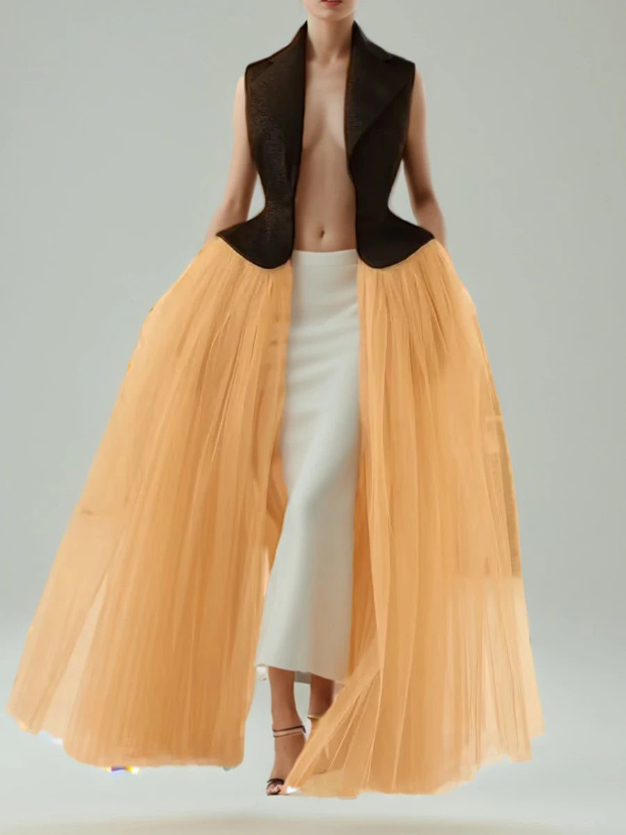 TWOTWINSTYLE Hit Color Sheer Elegant Jacket for Women Lapel Sleeveless Patchwork Folds Fashion Long Jacket Female Clothing New