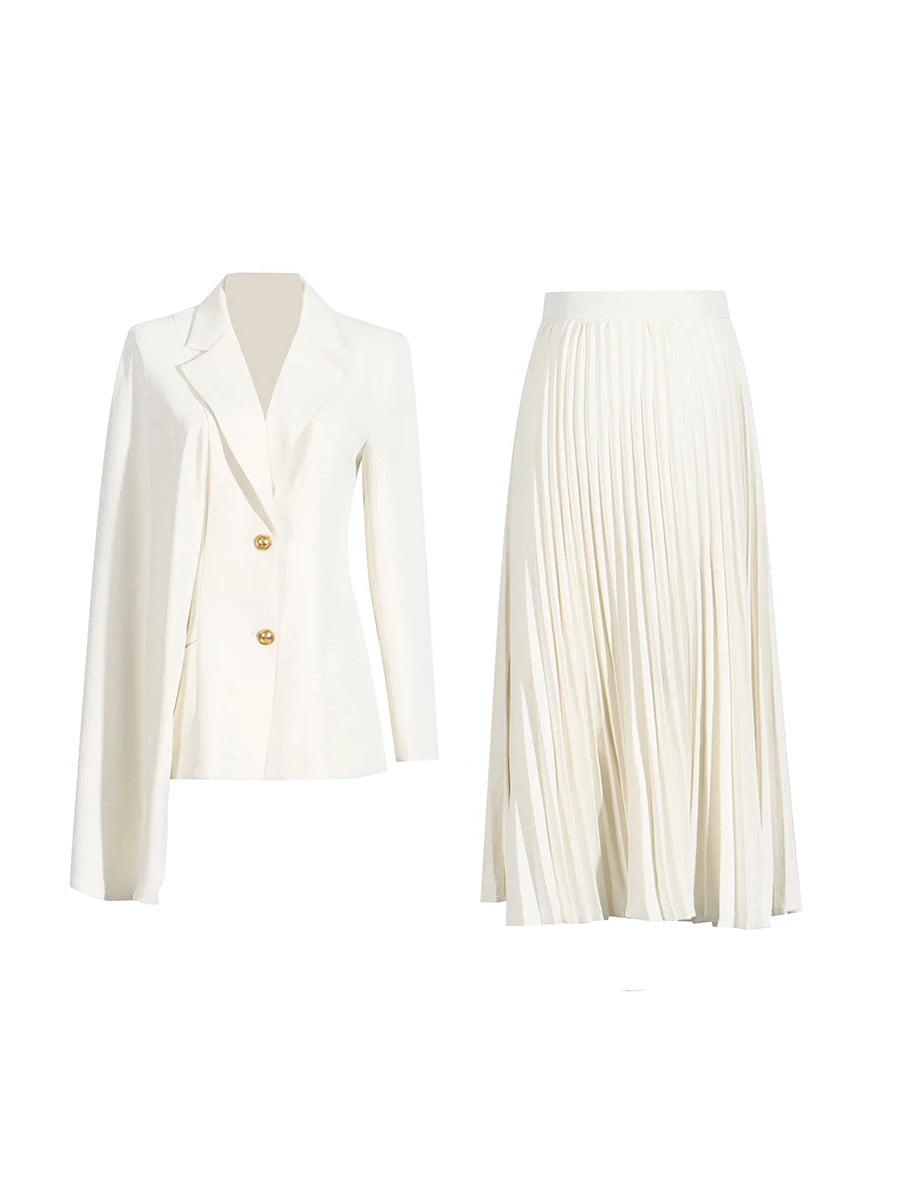 TWOTWINSTYLE White Two Piece Set for Women Lapel Long Sleeve Blazer with Cape High Waist Pleated Skirt Sets for Office Commuting