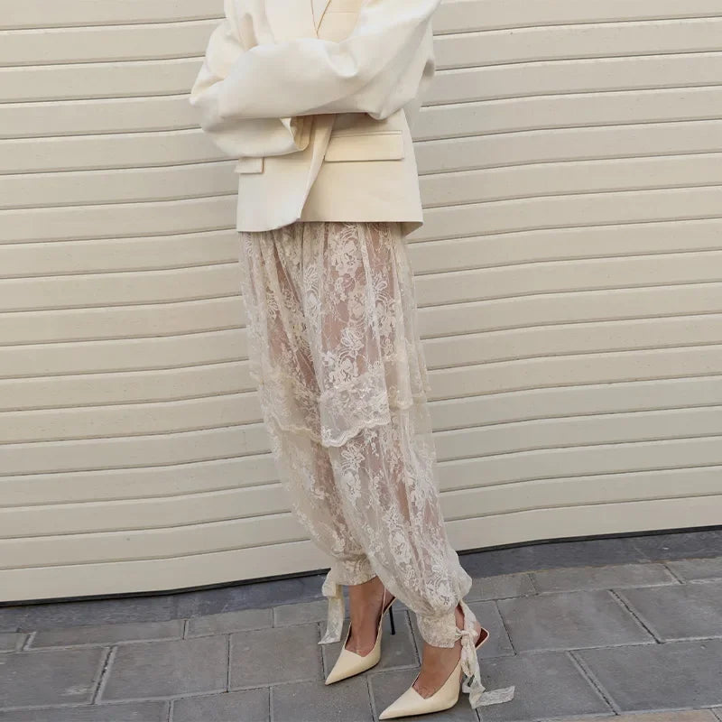 Fashion Women Lace Transparent Trouser Chic Floral Lace Up Wide Leg Pant Summer 2026 High Street Solid Elegant Commute Office