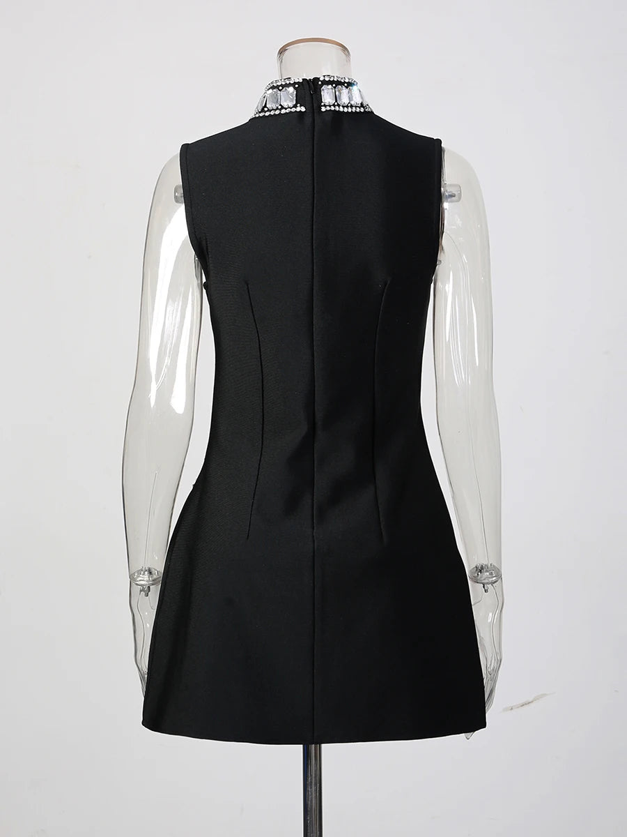 TWOTWINSTYLE Solid Slimming Temperament Dresses for Women Round Neck Sleeveless Patchwork Diamonds Dress Female Fashion Clothes