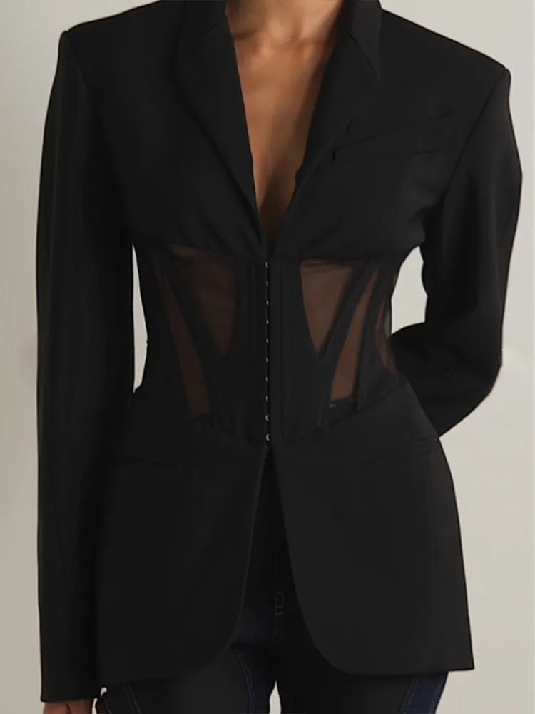 TWOTWINSTYLE Solid Spliced Sheer Mesh Blazers For Women Notched Collar Long Sleeve Tunic Patchwork Botton Blazer Female Fashion