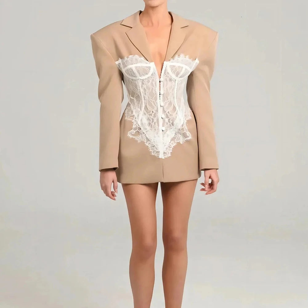 TWOTWINSTYLE Colorblock Temperament Spliced Lace Slimming Blazer for Women V Collar Long Sleeves Coat Female Fashion Clothing