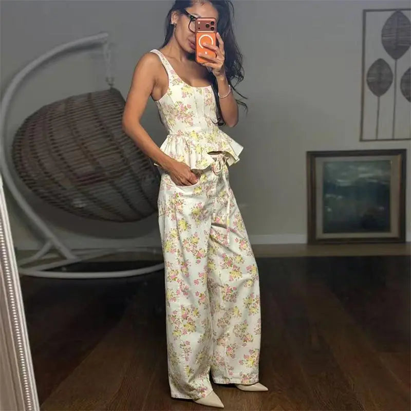 Floral Printed Women Long Pants Set Elegant Sleeveless Backless Vest Wide Leg Trousers Chic Holiday Vacation Lady Summer Outfits