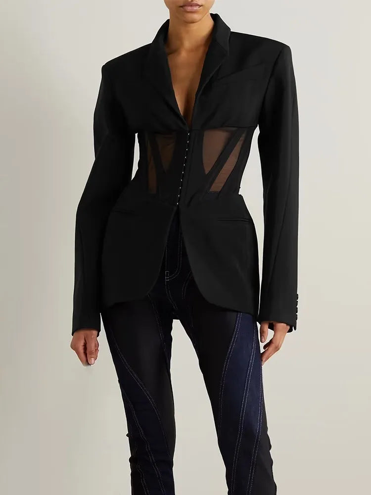 TWOTWINSTYLE Solid Spliced Sheer Mesh Blazers For Women Notched Collar Long Sleeve Tunic Patchwork Botton Blazer Female Fashion