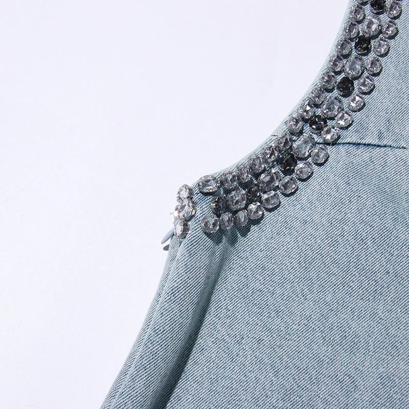 TWOTWINSTYLE Solid Loose Fashion Dresses for Women V Neck Sleeveless Patchwork Diamonds Temperament Dress Female Clothing New