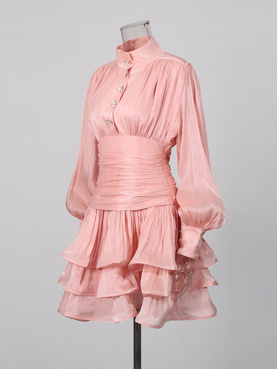 TWOTWINSTYLE Elegant Green Ruffle Mini Dress for Women Stand Collar Puff Sleeve Pleated Waist Button Accent for Birthday Parties