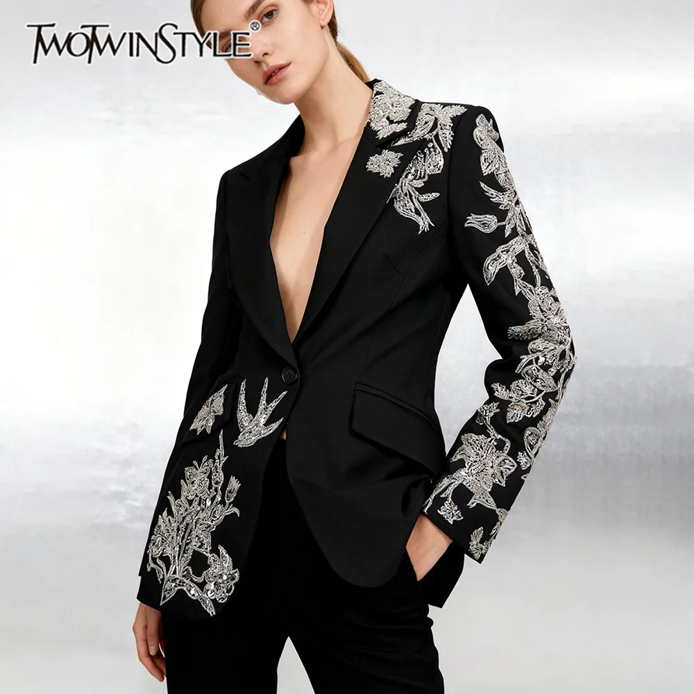 TWOTWINSTYLE Fashion Spliced Beading Temperament Blazers for Women Lapel Long Sleeves Tunic Elegant Blazer Female Clothing New