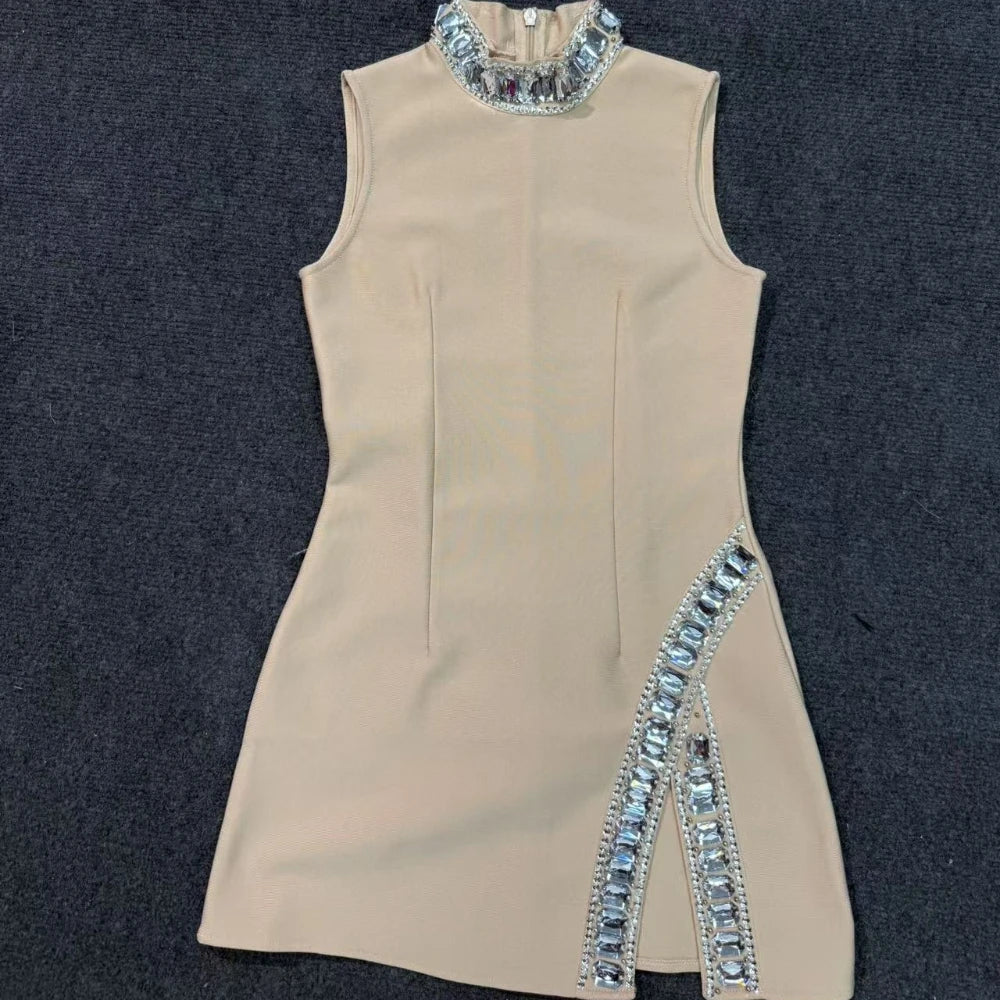 TWOTWINSTYLE Solid Slimming Temperament Dresses for Women Round Neck Sleeveless Patchwork Diamonds Dress Female Fashion Clothes