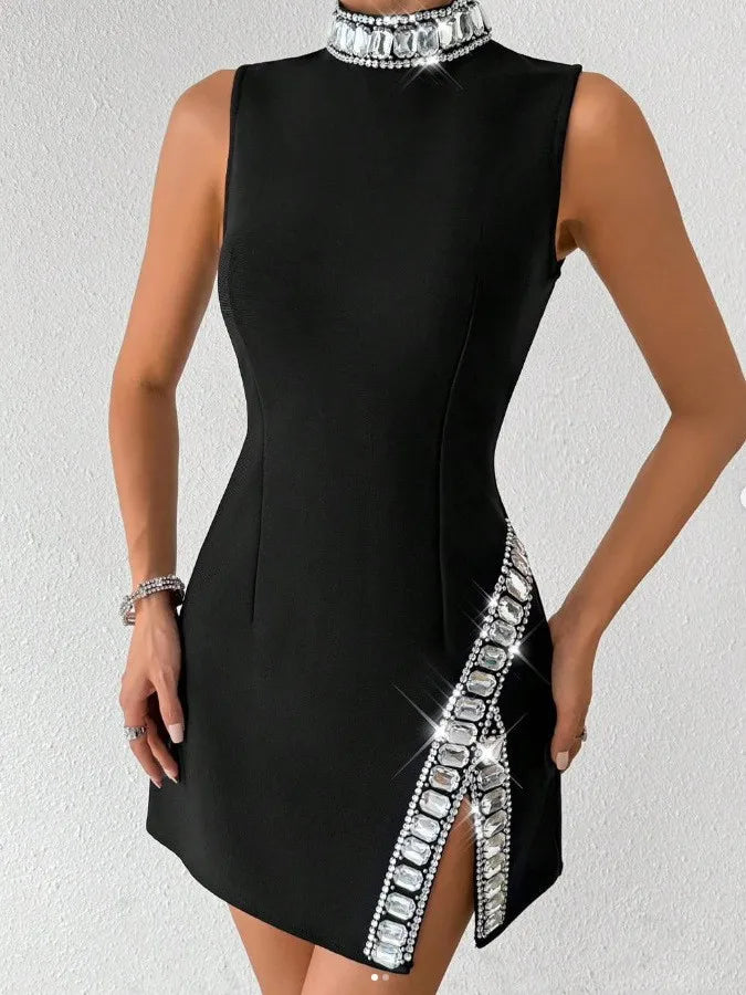 TWOTWINSTYLE Solid Slimming Temperament Dresses for Women Round Neck Sleeveless Patchwork Diamonds Dress Female Fashion Clothes