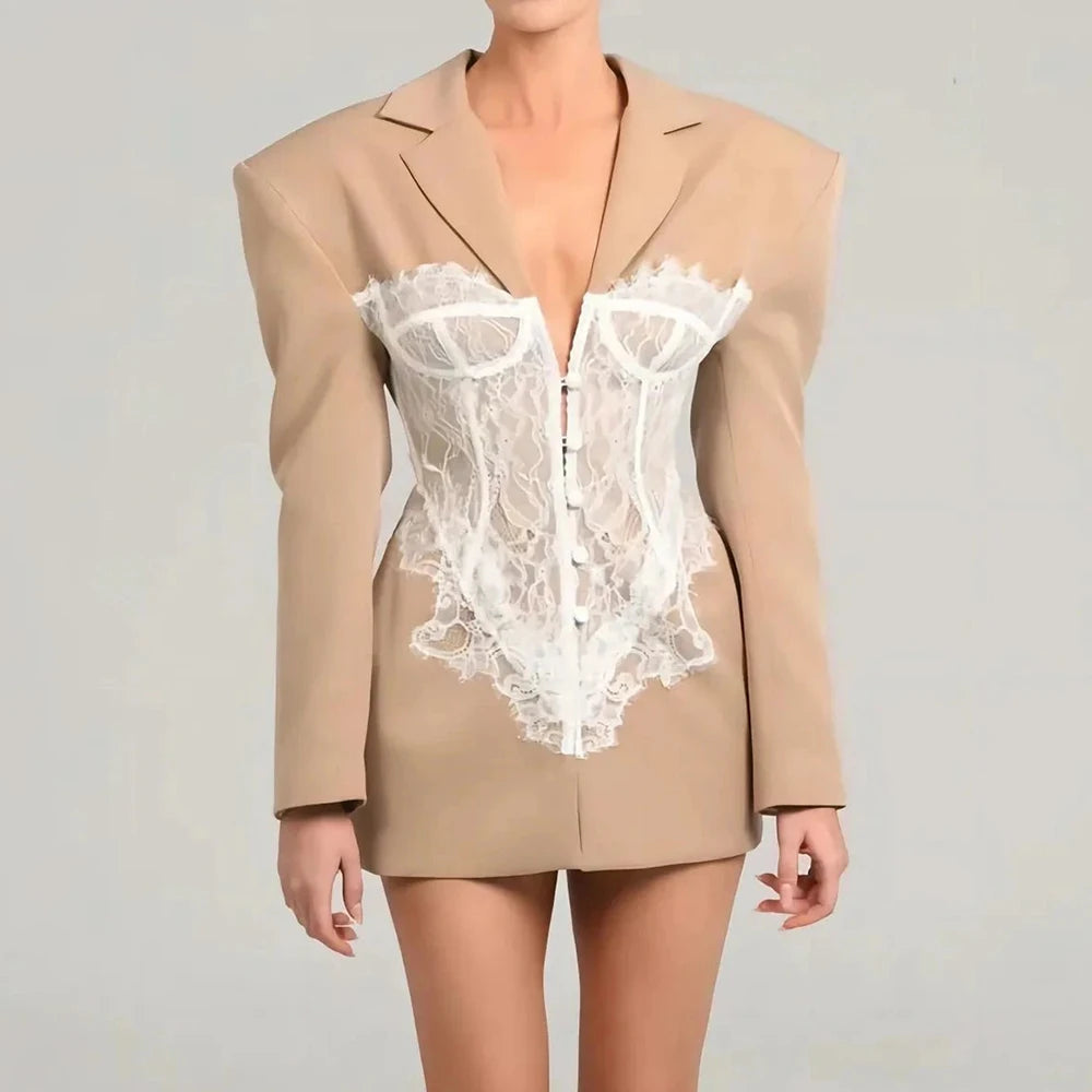 TWOTWINSTYLE Colorblock Temperament Spliced Lace Slimming Blazer for Women V Collar Long Sleeves Coat Female Fashion Clothing