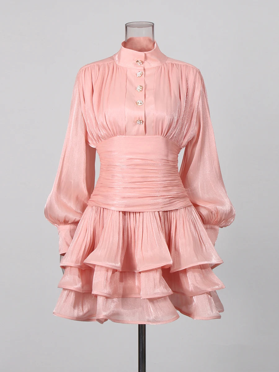 TWOTWINSTYLE Elegant Green Ruffle Mini Dress for Women Stand Collar Puff Sleeve Pleated Waist Button Accent for Birthday Parties