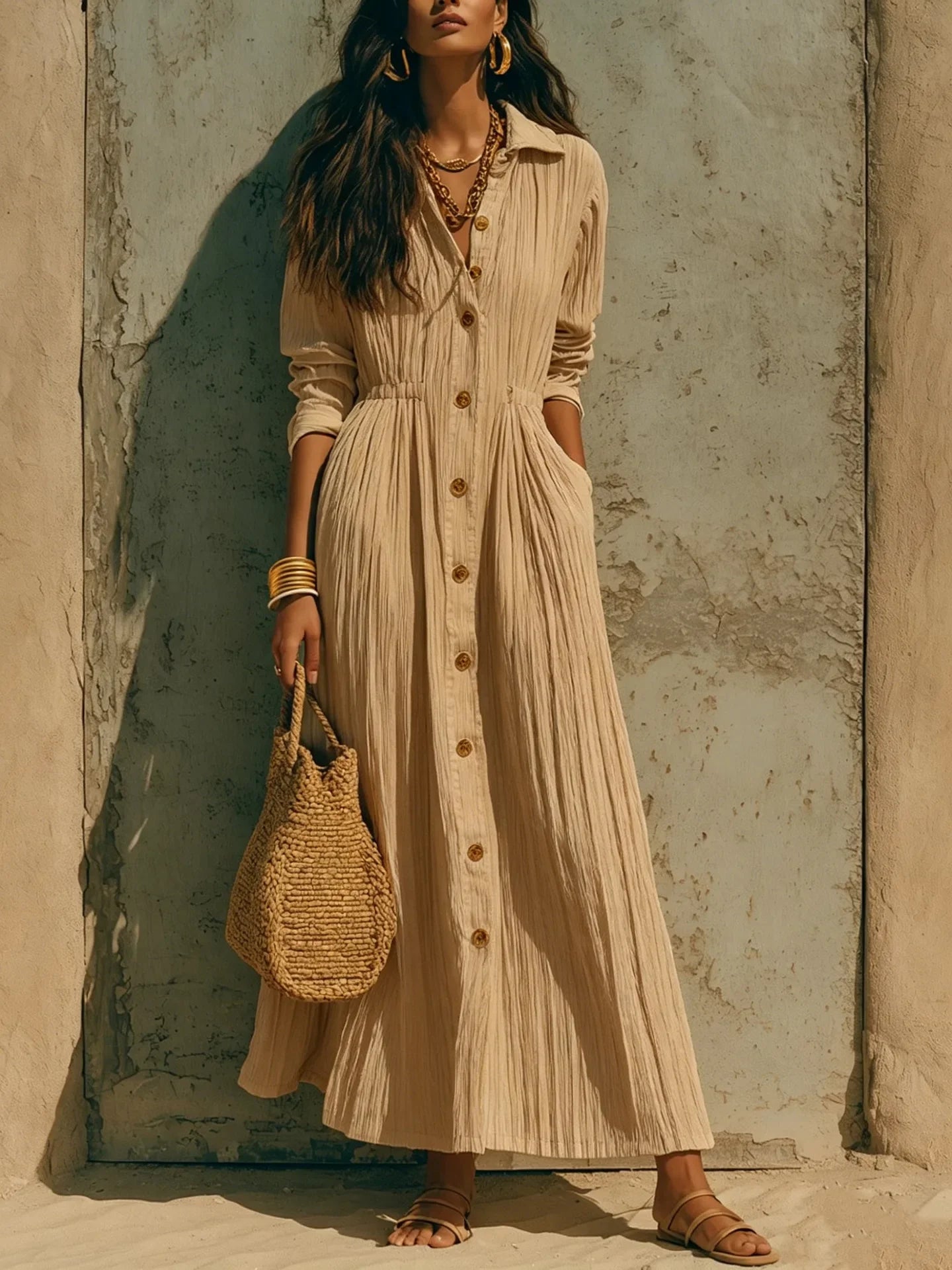 The Marais Pleated Button Maxi Dress from the Lavishly Me Edit at Lavishly Me