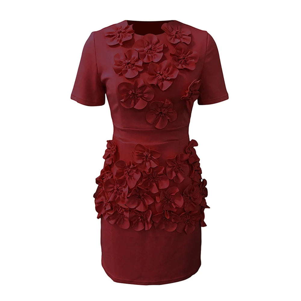 TWOTWINSTYLE Solid Slimming Dresses for Women Round Neck Short Sleeves Patchwork Appique Temperament Dress Female Clothing New