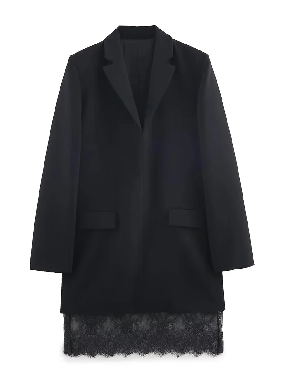 TWOTWINSTYLE Solid Loose Spliced Lace Elegant Blazers for Women Lapel Long Sleeves Temperament Blazer Female Autumn Clothing New