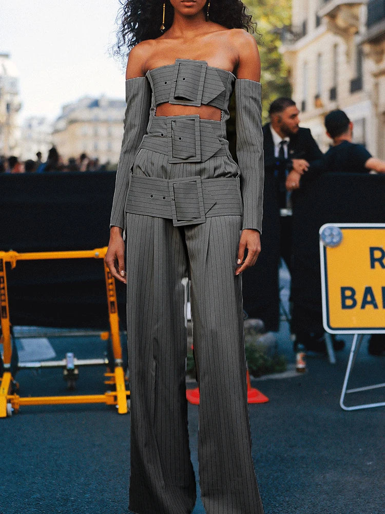 TWOTWINSTYLE Striped Two Piece Set For Women Strpless Long Sleeve Patchwork Belt Hollow Out Top High Waist Pant Chic Sets Female