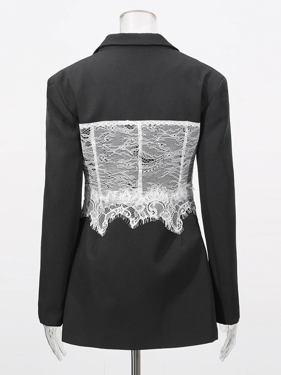 TWOTWINSTYLE Colorblock Temperament Spliced Lace Slimming Blazer for Women V Collar Long Sleeves Coat Female Fashion Clothing