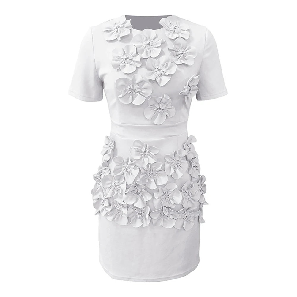 TWOTWINSTYLE Solid Slimming Dresses for Women Round Neck Short Sleeves Patchwork Appique Temperament Dress Female Clothing New