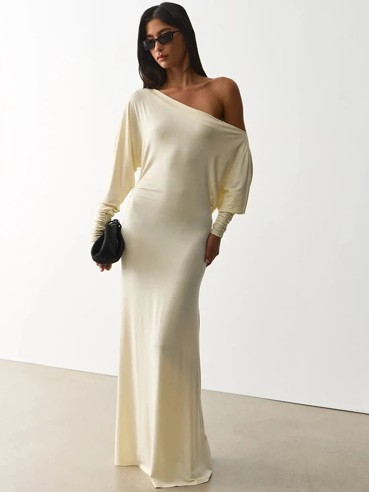 The Celestia Off-Shoulder Ruched Maxi Dress from the Lavishly Me Edit at Lavishly Me