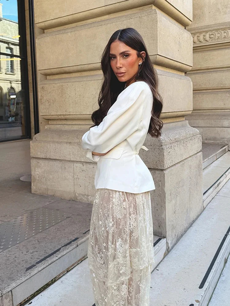 Fashion Women Lace Transparent Trouser Chic Floral Lace Up Wide Leg Pant Summer 2026 High Street Solid Elegant Commute Office