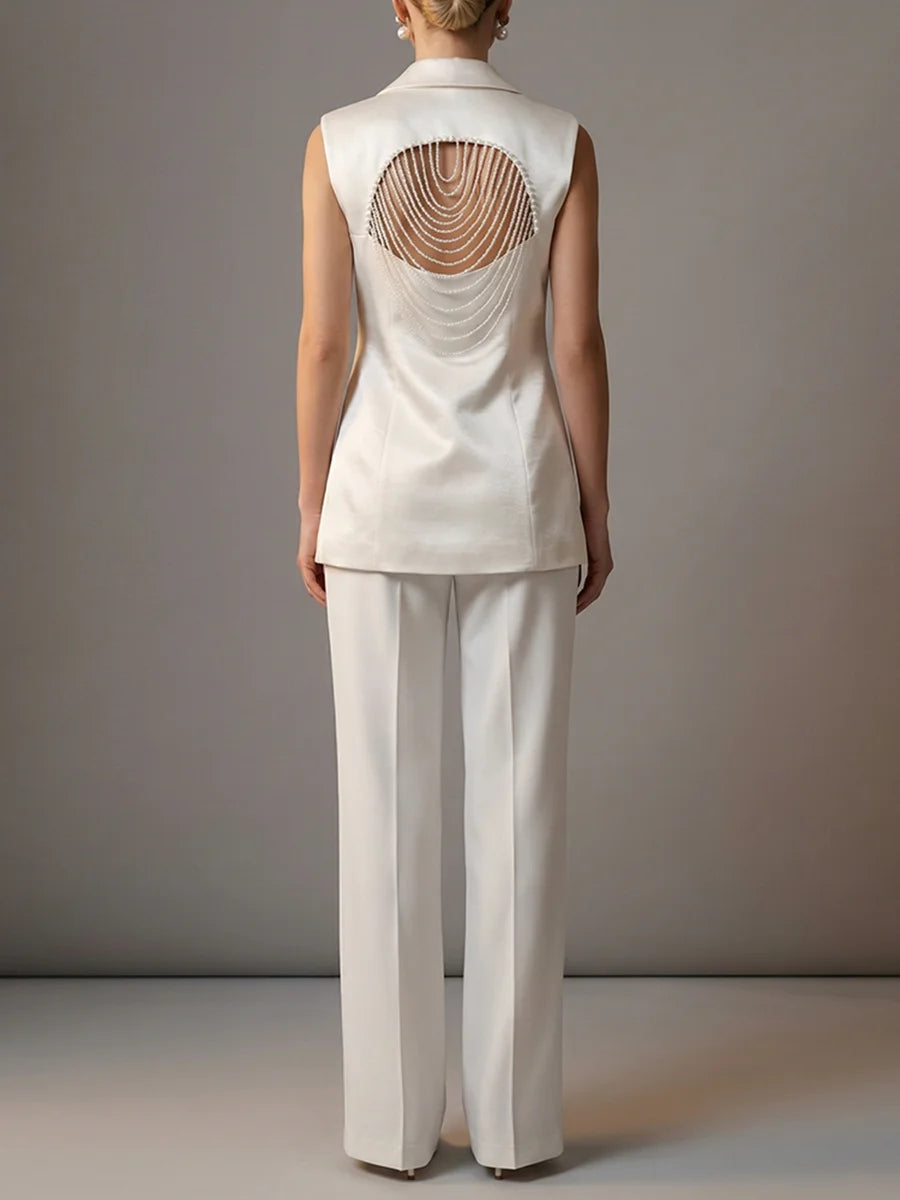 TWOTWINSTYLE Elegant White Cutout Back Sleeveless Blazer for Women Lapel Spliced Pearl Fashion Coat for Formal Office Commute