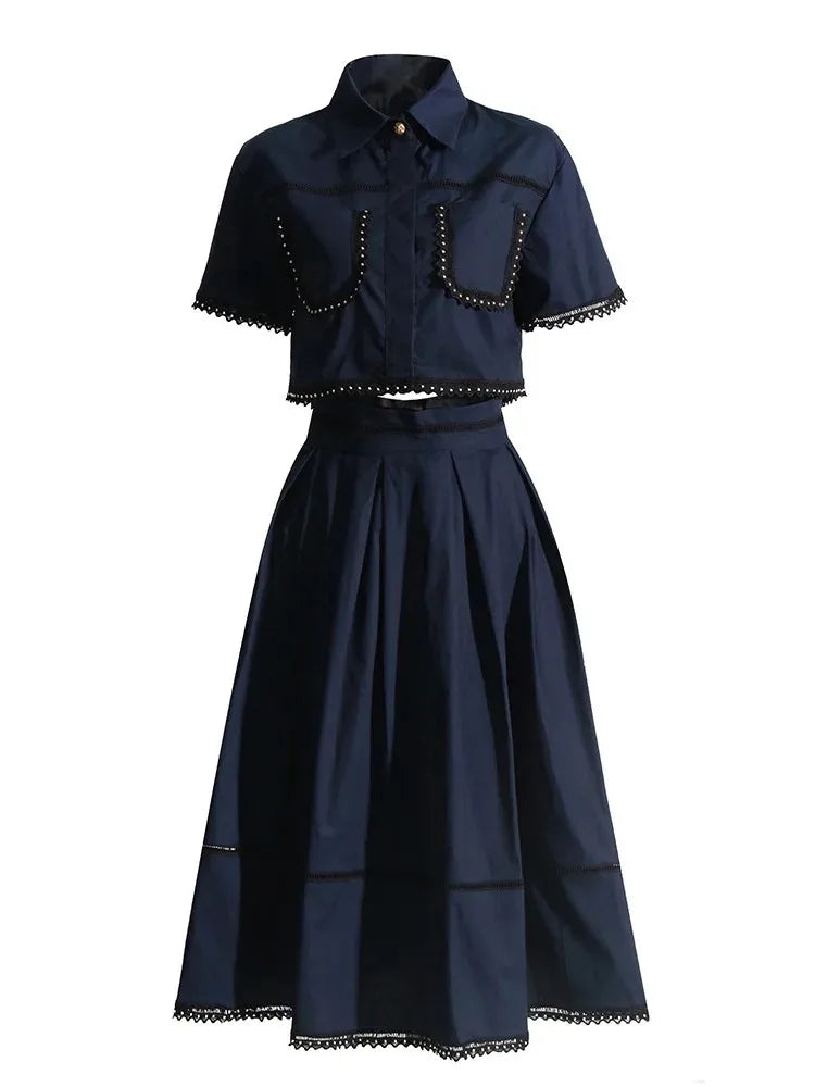 TWOTWINSTYLE Casual Two Piece Set For Women Lapel Short Sleeve Top High Waist A Line Skirt Minimalist Sets Female Fashion New