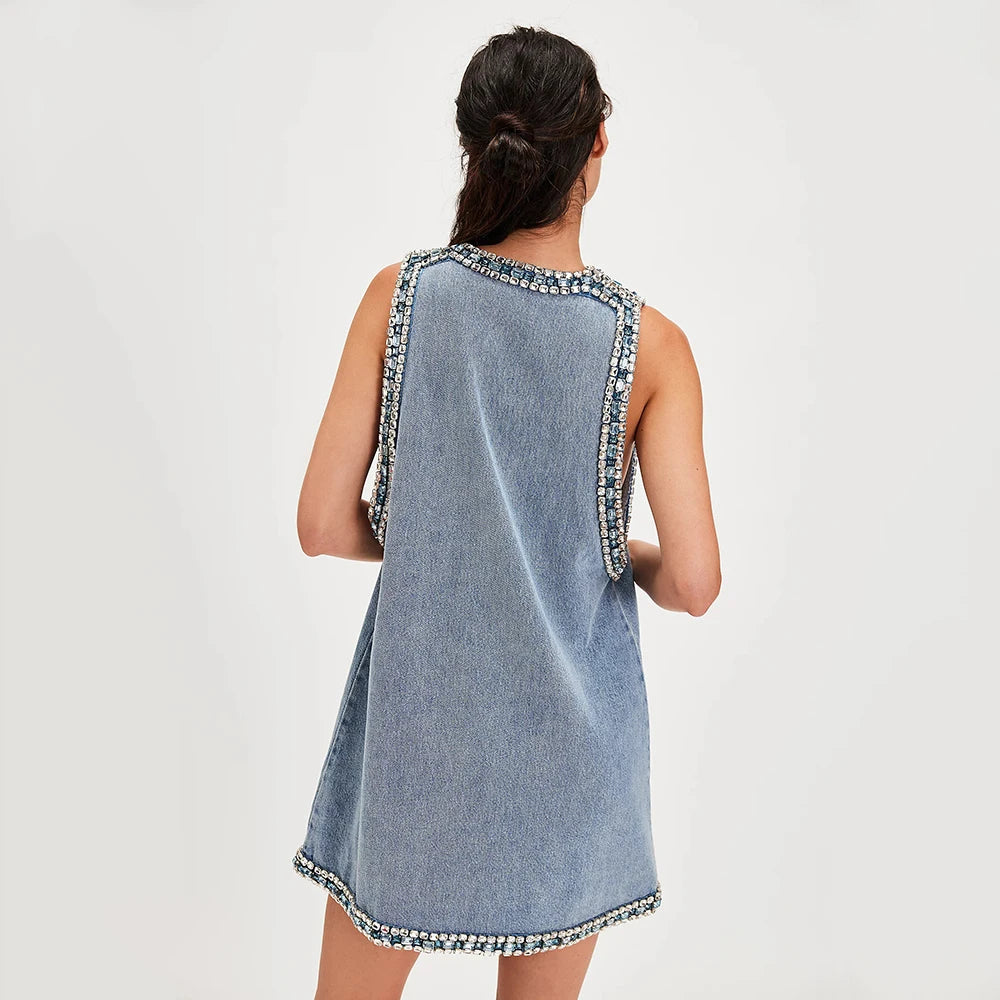 TWOTWINSTYLE Solid Loose Fashion Dresses for Women V Neck Sleeveless Patchwork Diamonds Temperament Dress Female Clothing New