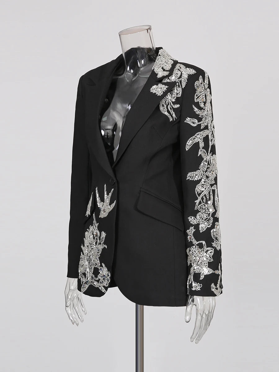 TWOTWINSTYLE Fashion Spliced Beading Temperament Blazers for Women Lapel Long Sleeves Tunic Elegant Blazer Female Clothing New