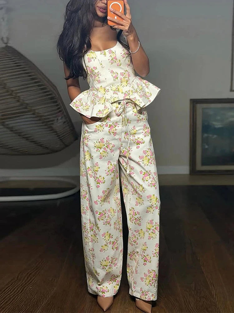 Floral Printed Women Long Pants Set Elegant Sleeveless Backless Vest Wide Leg Trousers Chic Holiday Vacation Lady Summer Outfits