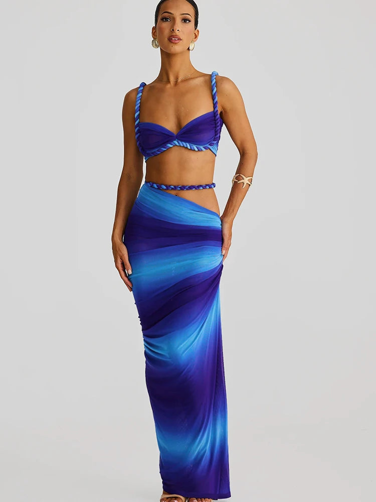 Cutenew Woven Matching Women 2 Piece Sexy Vacation Outfits Pleated Crop Camis+Shirring High Waist Maxi Skirts Solid Mujer Sets