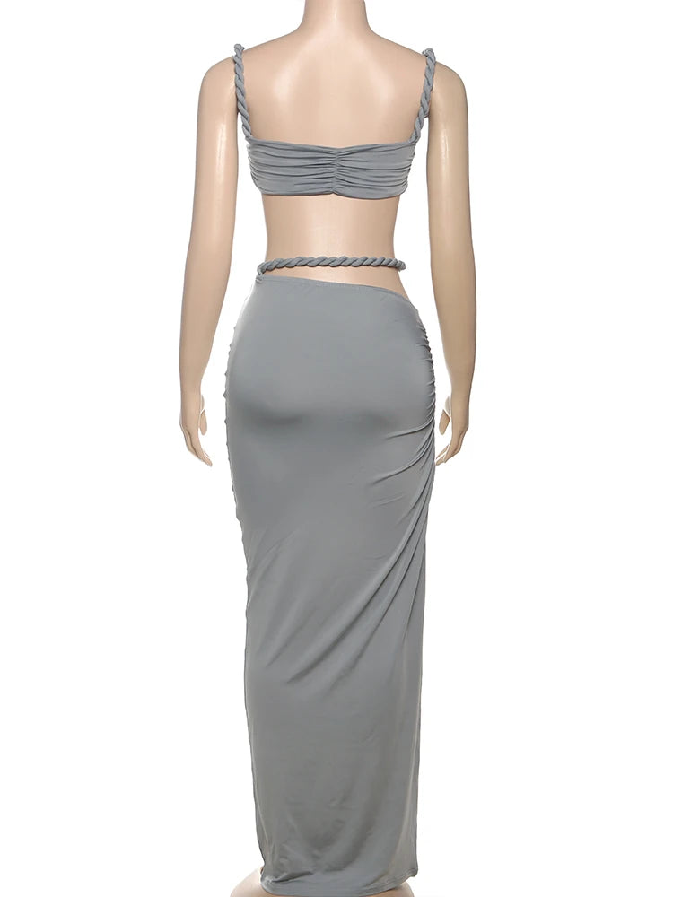Cutenew Woven Matching Women 2 Piece Sexy Vacation Outfits Pleated Crop Camis+Shirring High Waist Maxi Skirts Solid Mujer Sets
