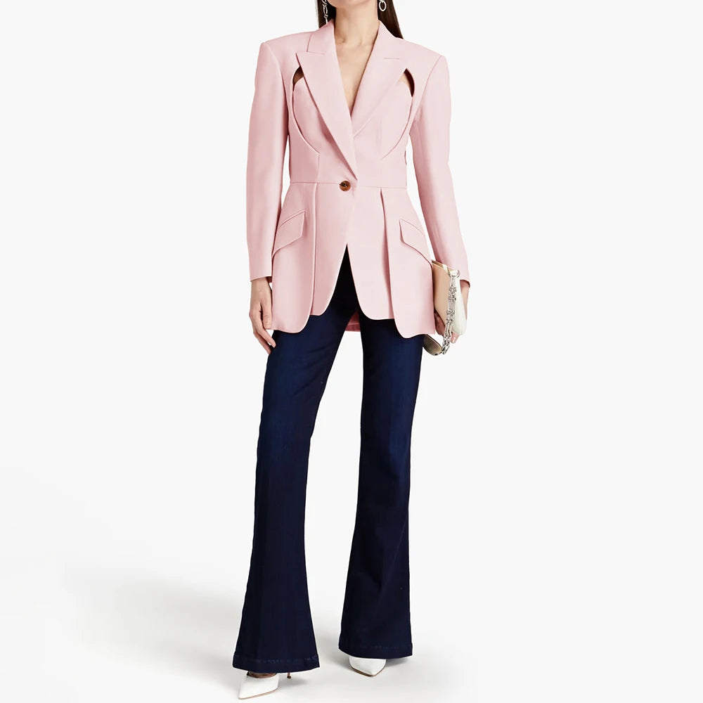 TWOTWINSTYLE Patchwork Button Slim Blazer For Women Notched Collar Long Sleeve Spliced Pockets Hollow Out Designer Coat Female