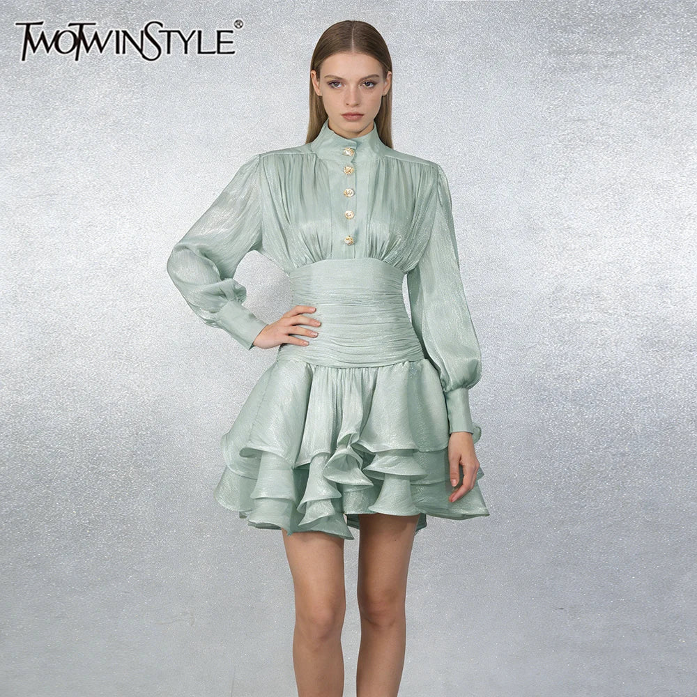 TWOTWINSTYLE Elegant Green Ruffle Mini Dress for Women Stand Collar Puff Sleeve Pleated Waist Button Accent for Birthday Parties