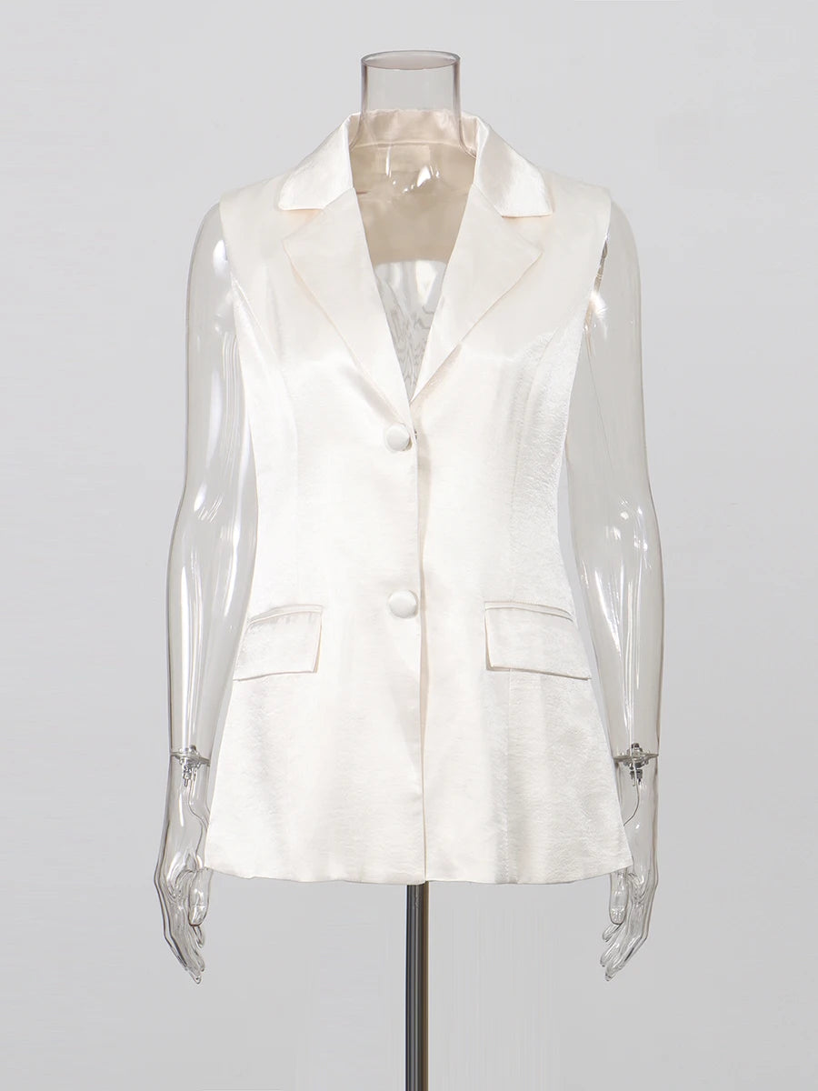 TWOTWINSTYLE Elegant White Cutout Back Sleeveless Blazer for Women Lapel Spliced Pearl Fashion Coat for Formal Office Commute