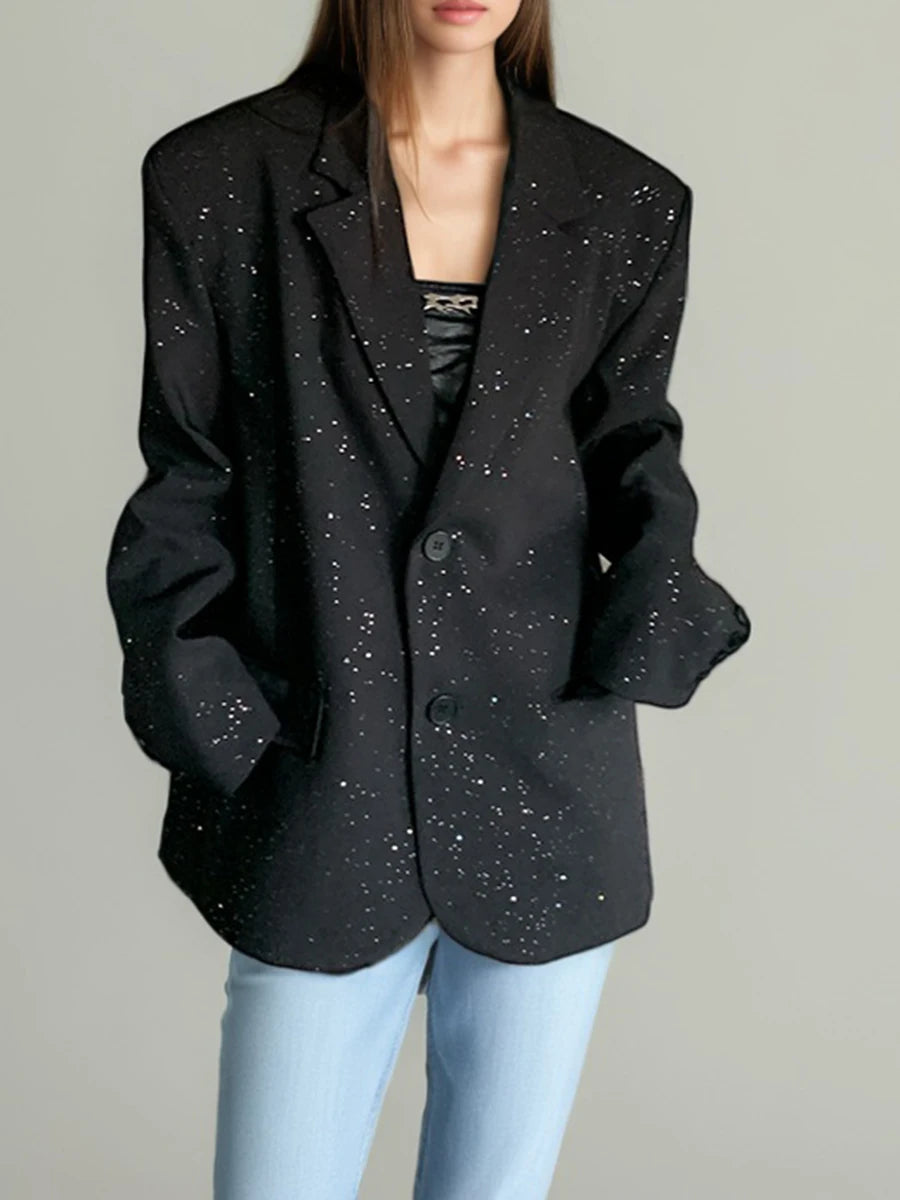 TWOTWINSTYLE Solid Loose Spliced Bead Fashion Blazers for Women Lapel Long Sleeves Patchwork Single Breasted Blazer Female New