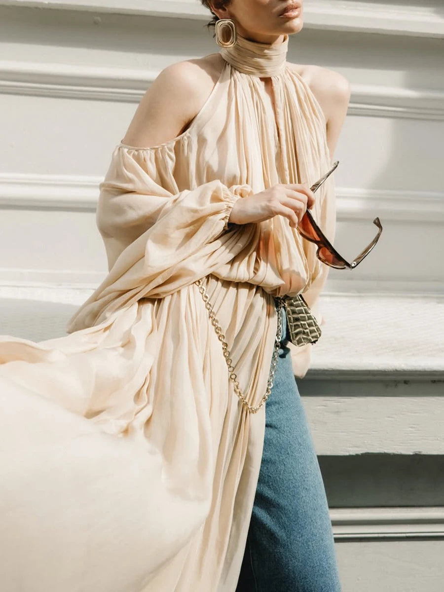 TWOTWINSTYLE Fashion Apricot Turtleneck Ruched Accent Blouse for Women Off The Shoulder Oversized Sleeve Top for Street Style
