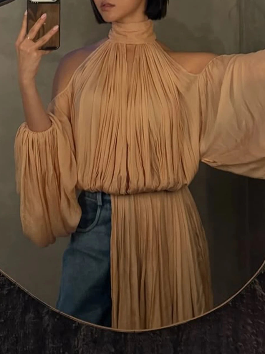 TWOTWINSTYLE Fashion Apricot Turtleneck Ruched Accent Blouse for Women Off The Shoulder Oversized Sleeve Top for Street Style