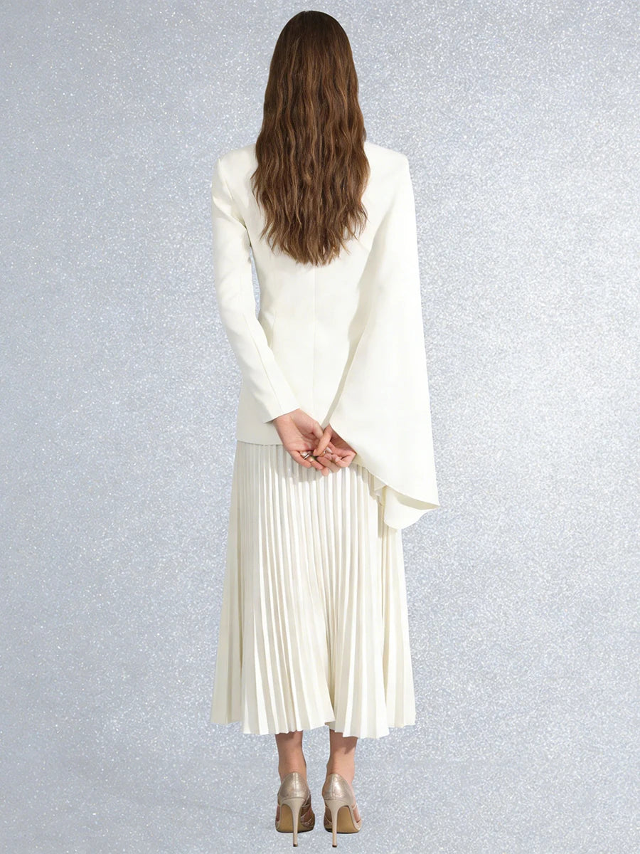 TWOTWINSTYLE White Two Piece Set for Women Lapel Long Sleeve Blazer with Cape High Waist Pleated Skirt Sets for Office Commuting