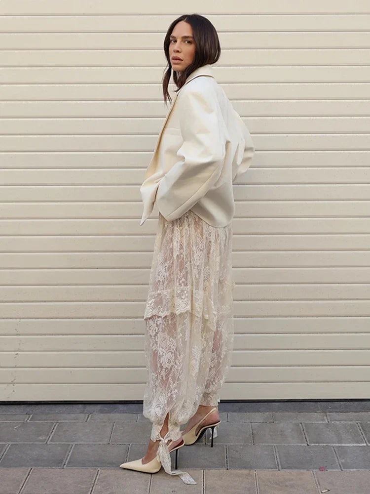 Fashion Women Lace Transparent Trouser Chic Floral Lace Up Wide Leg Pant Summer 2026 High Street Solid Elegant Commute Office