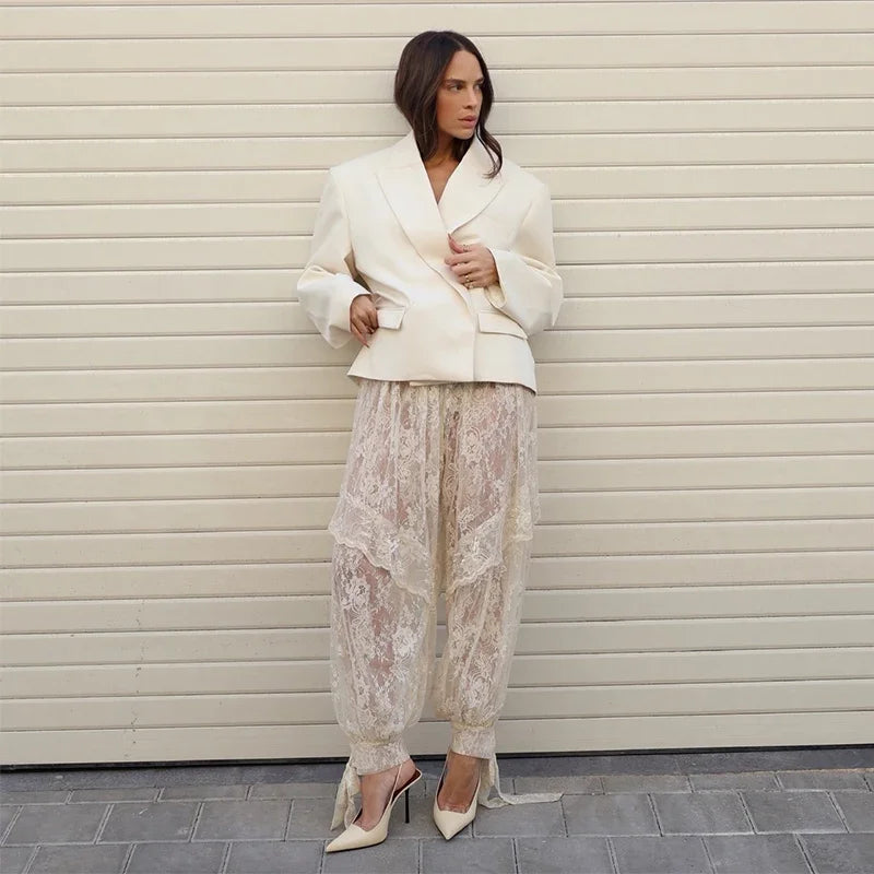 Fashion Women Lace Transparent Trouser Chic Floral Lace Up Wide Leg Pant Summer 2026 High Street Solid Elegant Commute Office